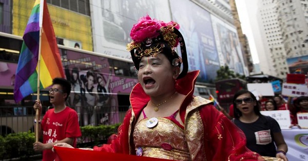 A man takes part in the annual gay pride parade in Hong Kong, China, on Nov. 9, 2013.