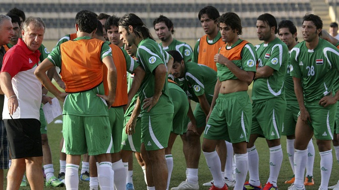 The Iraqi football team trains in Arbil, about 350 km (220 miles) north of Baghdad August 28, 2011.