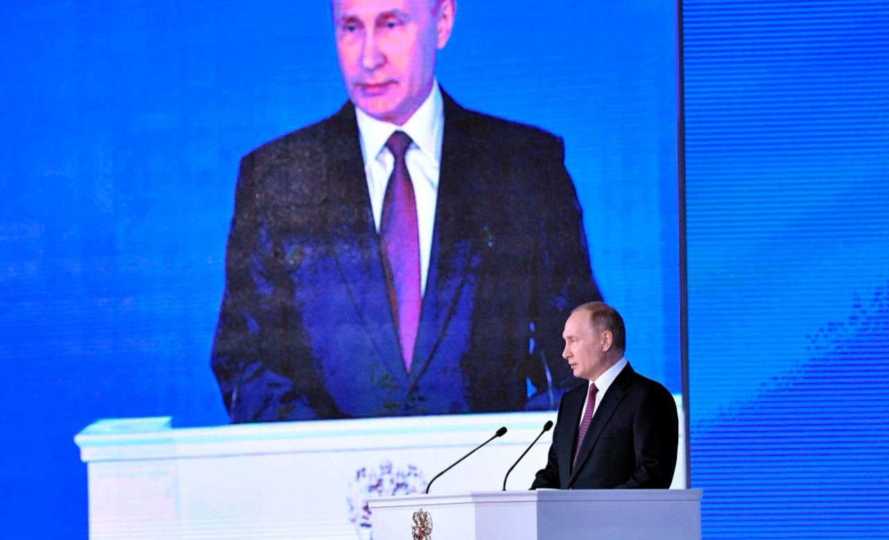 Russian President Vladimir Putin addresses the Federal Assembly, including the State Duma parliamentarians, members of the Federation Council, regional governors and other high-ranking officials, in Moscow, Russia March 1, 2018.