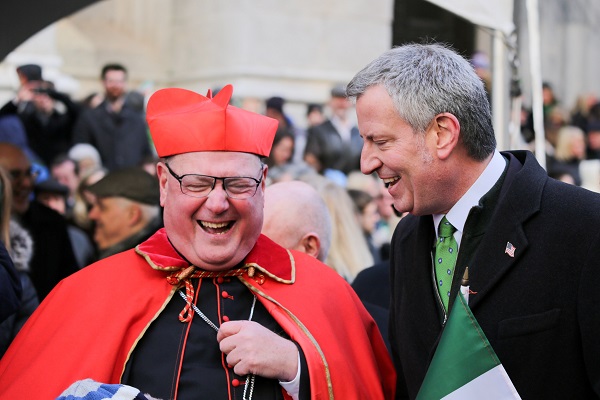Cardinal Timothy Dolan and New York Mayor Bill de Blasio attend the St Patrick's Day parade in New York City.