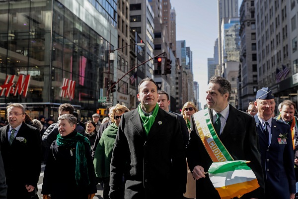 Irish Taoiseach Leo Varadkar marches with Governor Cuomo during the St Patrick's Day parade that took over Manhattan's Fifth Avenue.