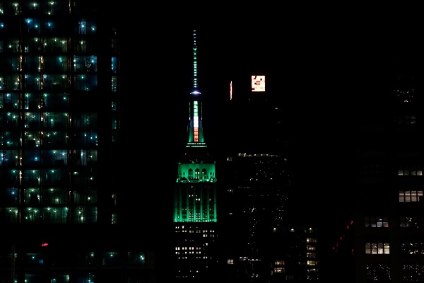 The Empire State Building is lit green for St. Patrick's day in New York City.