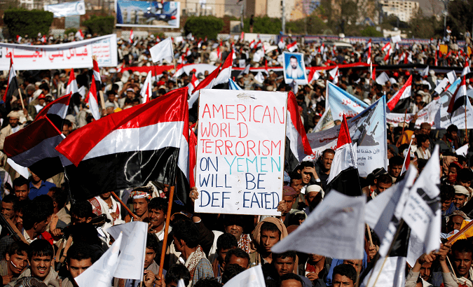 Houthi supporters attend a rally to mark the third anniversary of the Saudi-led intervention in the Yemeni conflict in Sanaa, Yemen March 26, 2018.