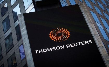 The logo of Thomson Reuters on its building.