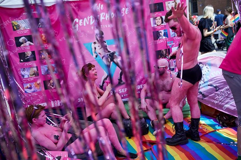Participants enjoy an event within the Aarhus Pride parade, in Aarhus, Denmark, 02 June 2018. Diversity is celebrated as the main topic of the seventh edition of the Aarhus Pride parade through the streets and events at the Musikhusparken park and the Officespladsen square of the Danish city.