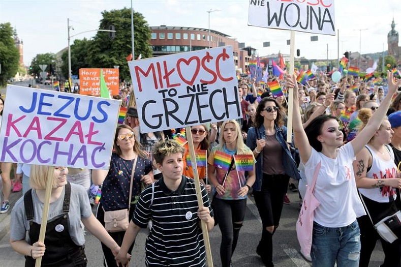 People take part in the fourth edition of the Tricity Equality March, organized by the LGBT community under the slogan 'Together we are stronger and stronger,' in the center of Gdansk, Poland, 26 May 2018. According to organizers the march celebrates LGBTQIA (lesbian, gay, bisexual, transgender, queer, intersex and asexual) people as well as defending democracy, freedom and civil rights.