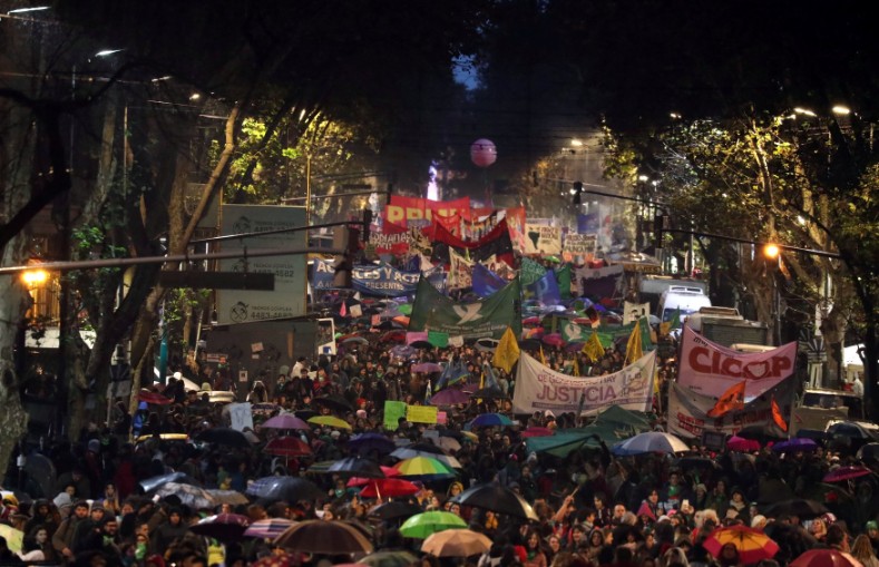 Demonstrators march during a protest against femicides and violence against women in Buenos Aires.
