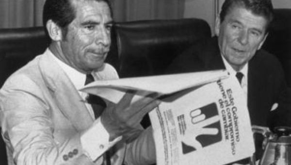 Genocidal Guatemalan dictator Efraín Ríos Montt with supporter Ronald Reagan, who called him “a man of great personal integrity and commitment.”
