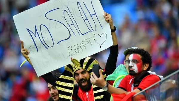 Egypt fans with a banner in reference to Mohamed Salah before the match.