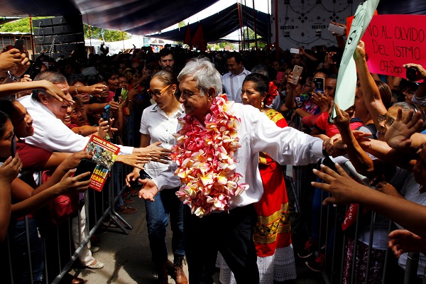 President-elect Andres Manuel Lopez Obrador arrives at a rally in Juchitan de Zaragoza, Oaxaca, one of the regions most affected by the September earthquakes in 2017. Sept. 19, 2018.