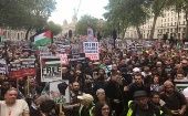 "Free Palestine" (Liberen a Palestina) fue la consigna principal que acompañó la marcha a lo largo del centro histórico londinense.