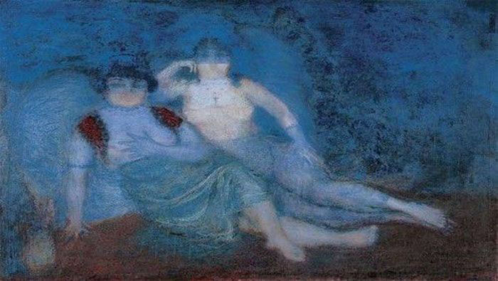 La Cueva (1920) refleja una atmósfera nocturna, sensual y misteriosa del denominado "período azul" de la obra de Reverón, quien estudió en la Academia de Bellas Artes de su país en 1908, y logró viajar por Europa entre 1911 y 1915, para luego regresar a Venezuela.