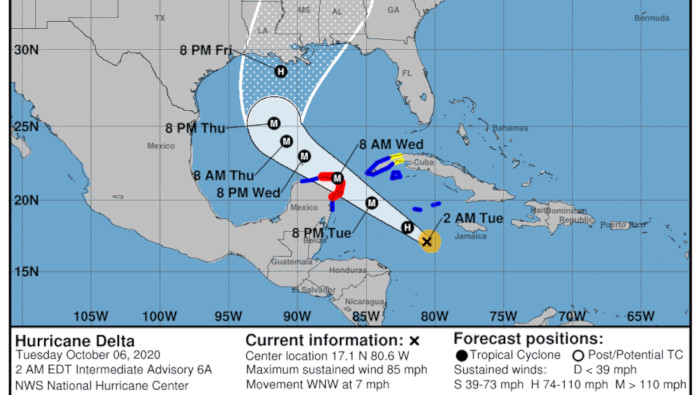 El huracán Delta podría golpear el sur de Estados Unidos a finales de esta semana.