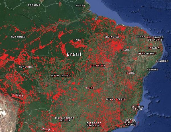 Imagen satelital de Brasil este martes. Fuente: Visor de Incendios Forestales Geamap